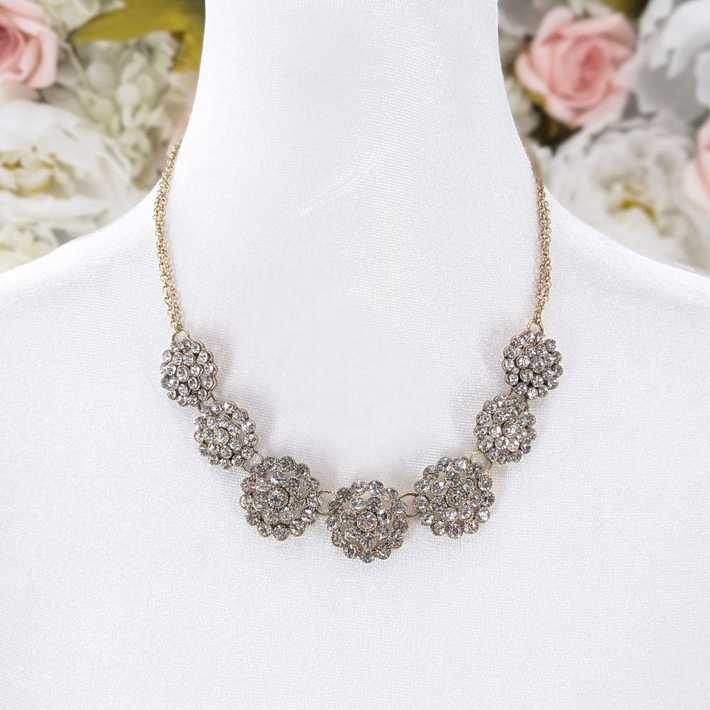 Deb Gold Tone Rhinestone Floral Chunky Vintage Statement Necklace
